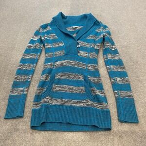 Guess Sweater Womens XS Blue Gray Stripe Shawl Collar Tunic Long Sleeve Pullover